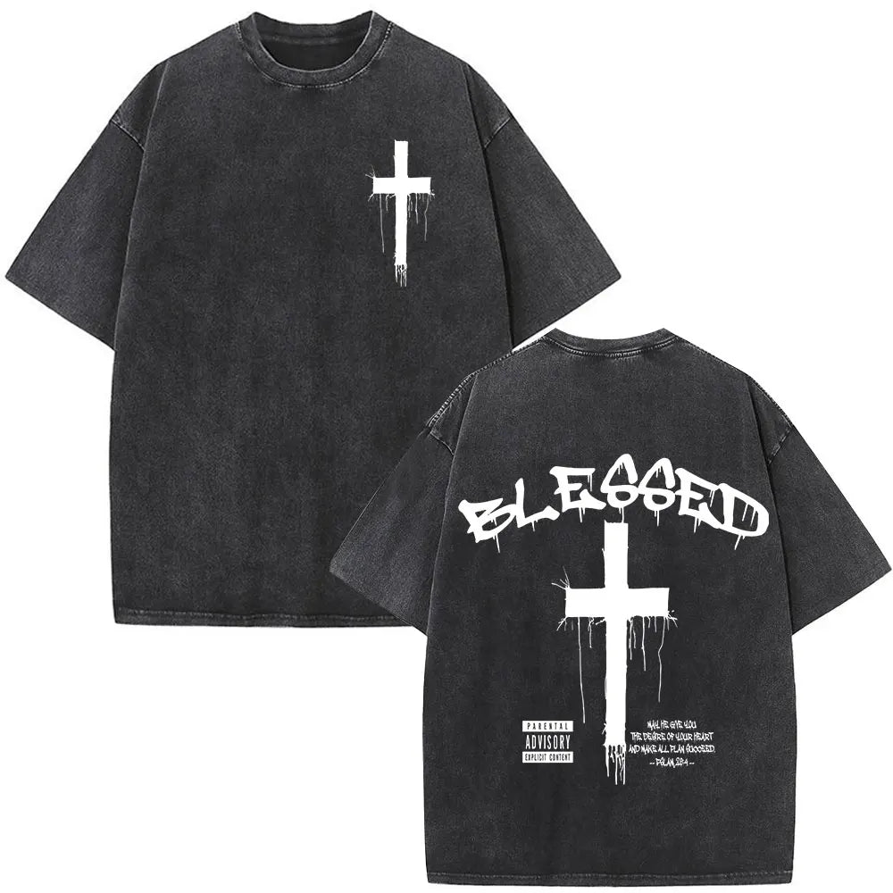 Vintage Washed Nothing But The Blood of Jesus Christian Bible Verse Comfort  T-shirts Men Women Fashion  T Shirt Street Wear