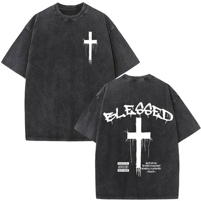 Vintage Washed Nothing But The Blood of Jesus Christian Bible Verse Comfort  T-shirts Men Women Fashion  T Shirt Street Wear